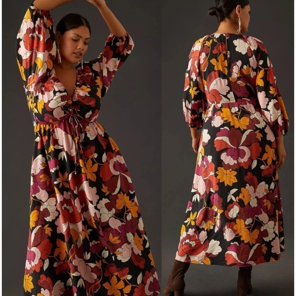 Maeve by Anthropologie Floral Print‎ Midi Dress Deep V Ruched Size 10